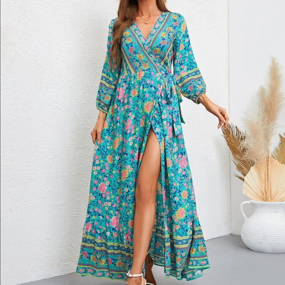 Boho Gypsy Floral Paisley Print Ruffle WRAP Maxi Dress - Picture 5 of 9
